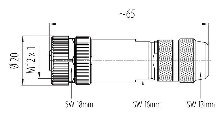 Scale drawing 99 1434 814 04 - M12 Female cable connector, Contacts: 4, 5.0-8.0 mm, shieldable, crimping (Crimp contacts must be ordered separately), IP67, UL 2238