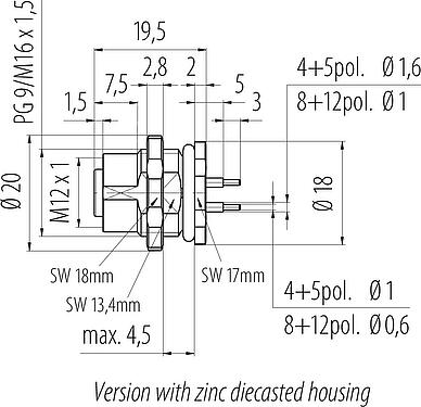 Scale drawing M12 Female panel mount connector, Contacts: 8, unshielded, THT, IP68, UL 2238, M16x1.5, Rear mounting