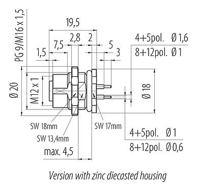 Scale drawing 86 0632 1100 00012 - M12 Female panel mount connector, Contacts: 12, unshielded, THT, IP68, UL 2238, M16x1.5, rear mounting