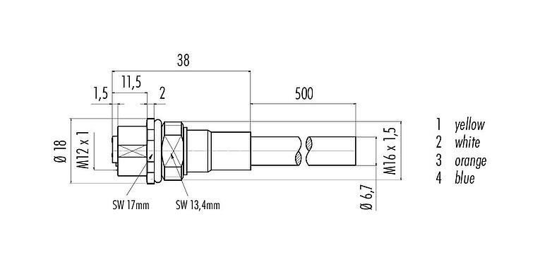 Dessin coté M12 Embase femelle, Contacts: 4, blindé, assemblés avec câble, IP67, UL, M16x1,5, Profinet, PUR, vert, 2 x 2 x AWG 22, Montage frontal, 0,5 m