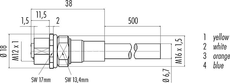 Scale drawing M12 Female panel mount connector, Contacts: 4, shielded, with cable assembled, IP67, UL, M16x1.5, Profinet, PUR, green, 2 x 2 x AWG 22, Front mounting, 0.5 m