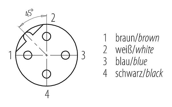 Disposition des contacts (Côté plug-in) M12 Connecteur femelle, Contacts: 4, non blindé, surmoulé sur le câble, IP68/IP69K, UL 2238, PVC, gris, 4 x 0,34 mm², 5 m