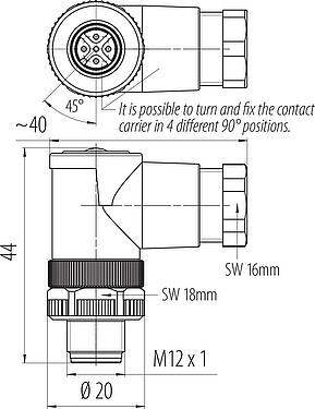 Dibujo a escala M12 Conector macho en ángulo, Número de contactos: 5, 6,0-8,0 mm, sin blindaje, tornillo extraíble, IP67, UL 2238