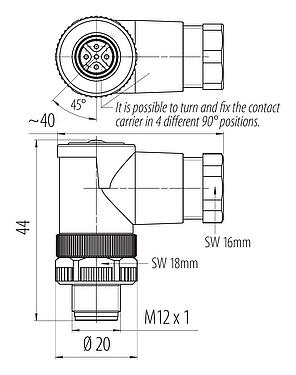 Scale drawing M12 Male angled connector, Contacts: 5, 6.0-8.0 mm, unshielded, screw clamp, IP67, UL 2238