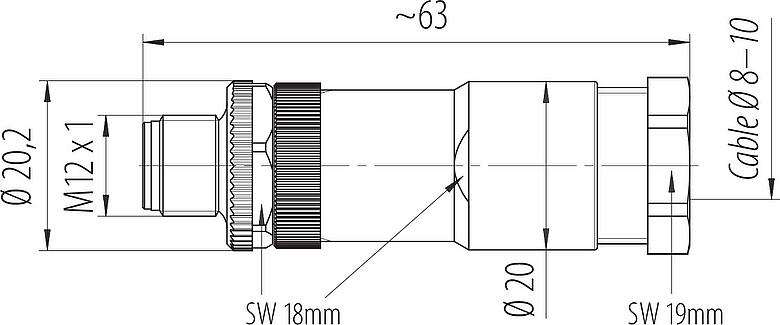 Dessin coté M12 Connecteur mâle, Contacts: 4, 8,0-10,0 mm, non blindé, pince à visser, IP67, UL 2238, VDE
