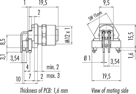 Dessin coté M12 Embase mâle, coudé, Contacts: 4, non blindé, THR, IP68, UL 2238, Montage frontal, pour assemblage PCB, conception en deux parties