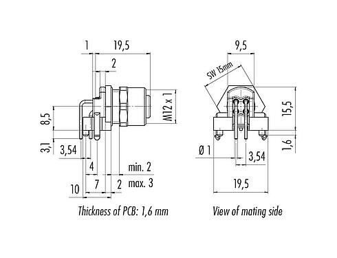 Dessin coté 99 3432 202 04 - M12 Embase mâle, coudé, Contacts: 4, non blindé, THR, IP68, UL 2238, Montage frontal, pour assemblage PCB, conception en deux parties