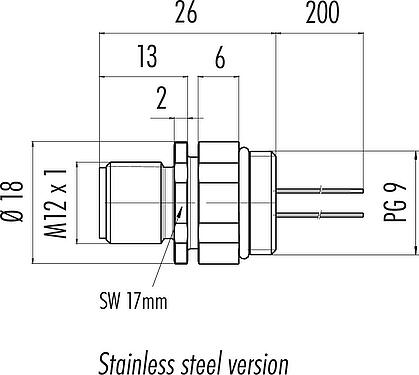 Scale drawing M12 Male panel mount connector, Contacts: 8, unshielded, single wires, IP68, UL 2238, PG 9, Front mounting, stainless steel, positionable, potted