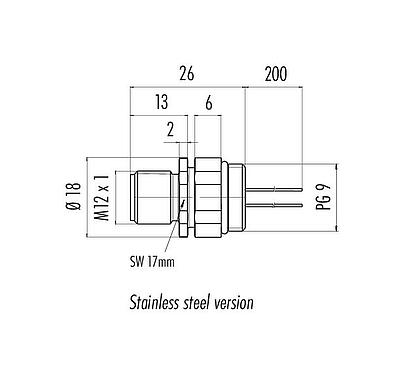 Dibujo a escala M12 Enchufe de brida, Número de contactos: 4, sin blindaje, hilos, IP68, UL 2238, PG 9, Montaje frontal, Acero inoxidable, posicionable, moldeado