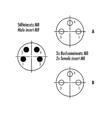 Contact arrangement (Plug-in side) M8 Twin distributors, Y-distributor, male connector - 2 female connector, Contacts: 4/3, unshielded, pluggable, IP68, UL 2238