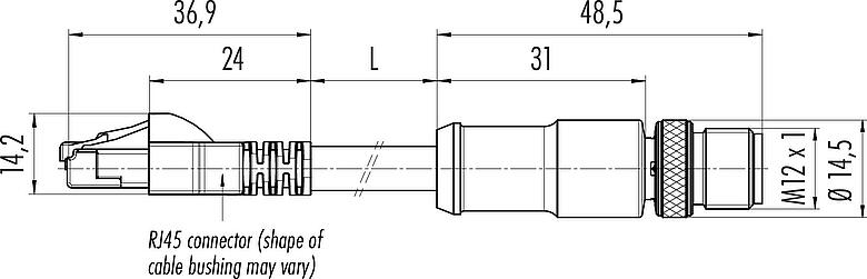 Dessin coté M12/RJ45 Câble de raccordement connecteur mâle - connecteur RJ45, Contacts: 8, blindé, moulé/sertissage, IP67, Ethernet CAT5e, TPE, noir, 4 x 2 x AWG 24, 5 m