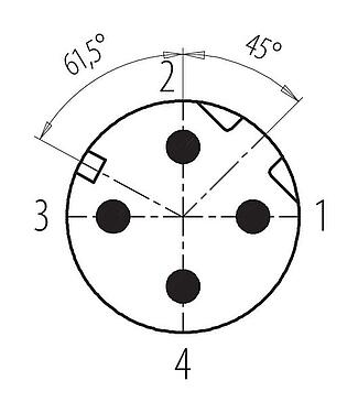 Disposition des contacts (Côté plug-in) 99 3729 935 04 - M12 Connecteur mâle, Contacts: 4, 8,0-10,0 mm, blindable, pince à visser, IP67