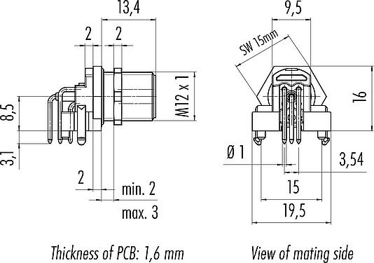 Scale drawing M12 Male angled panel mount connector, Contacts: 5, unshielded, THR, IP68, UL 2238, Rear mounting, for PCB assembly