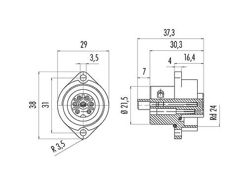 Scale drawing 09 4220 00 07 - RD24 Female panel mount connector, Contacts: 6+PE, unshielded, screw clamp, IP67, UL, ESTI+, VDE