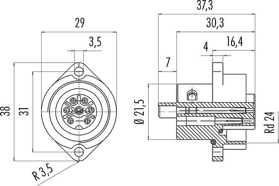 Scale drawing RD24 Female panel mount connector, Contacts: 6+PE, unshielded, screw clamp, IP67, UL, ESTI+, VDE, Front mounting