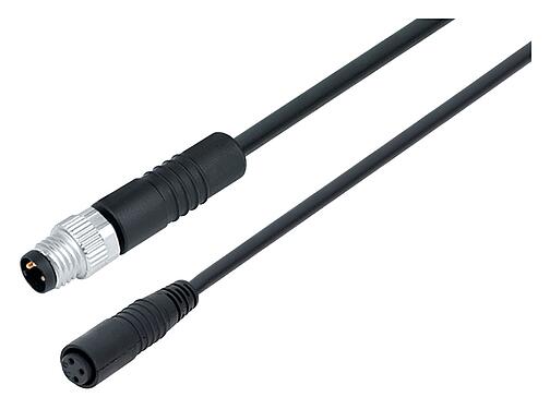 Illustration M8 Male cable connector - female cable connector, Contacts: 3, unshielded, moulded on the cable, IP65, PUR, black, 3 x 0.25 mm², 1 m