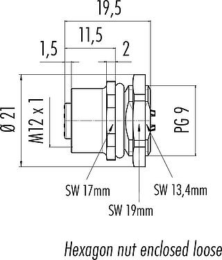 Scale drawing M12 Female panel mount connector, Contacts: 8, unshielded, solder, IP67, UL 2238, PG 9, Front mounting