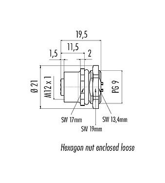 Scale drawing 86 4232 1002 00004 - M12 Female panel mount connector, Contacts: 4, unshielded, solder, IP67, UL 2238, PG 9