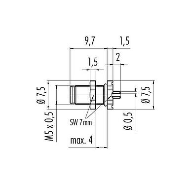 Scale drawing M5 Male panel mount connector, Contacts: 3, unshielded, THT, IP67, M5x0.5, Rear mounting, potted