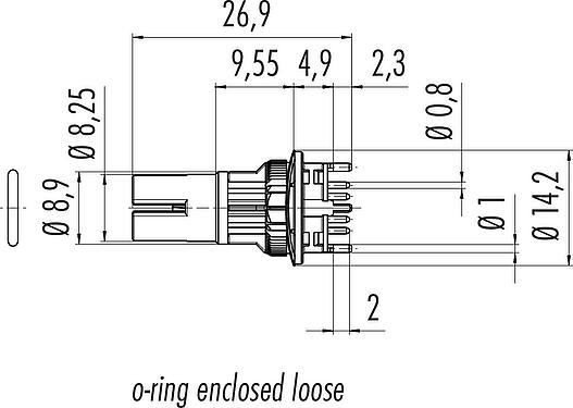 Scale drawing M12 Contact insert, Contacts: 8, shieldable, THT, IP67, UL