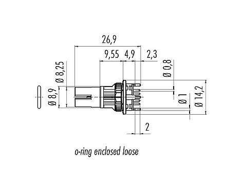 Scale drawing M12 Contact insert, Contacts: 8, shieldable, THT, IP67, UL