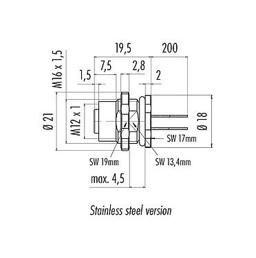 Scale drawing M12 Female panel mount connector, Contacts: 12, unshielded, single wires, IP68, UL 2238, M16x1.5, Rear mounting, stainless steel, potted