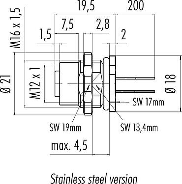 Scale drawing M12 Female panel mount connector, Contacts: 5, unshielded, single wires, IP68, UL 2238, M16x1.5, Rear mounting, stainless steel, potted