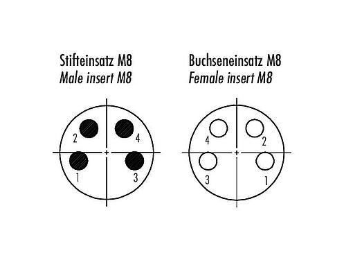 Disposition des contacts (Côté plug-in) M8 Traversée de panneau, Contacts: 4, blindé, enfichable, IP67, M8x1,0, Montage mural arrière, coulé