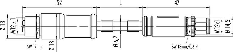 Dessin coté M12 Câble de raccordement connecteur mâle - connecteur femelle, Contacts: 8, blindé, surmoulé sur le câble, IP67, UL, PUR, vert, AWG 26/7, 2 m