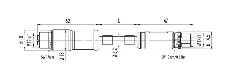 Scale drawing M12 Connecting cable male cable connector - female cable connector, Contacts: 8, shielded, moulded on the cable, IP67, UL, PUR, green, AWG 26/7, 10 m