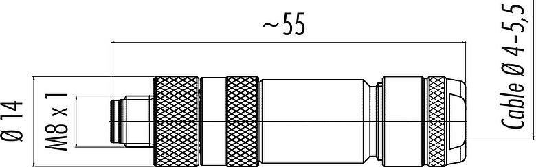 Scale drawing M8 Male cable connector, Contacts: 3, 4.0-5.5 mm, shieldable, screw clamp, IP67, UL 2238, iris spring
