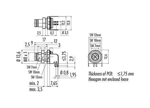 Scale drawing M8 Male angled panel mount connector, Contacts: 4, shieldable, THT, IP67, Rear mounting, potted