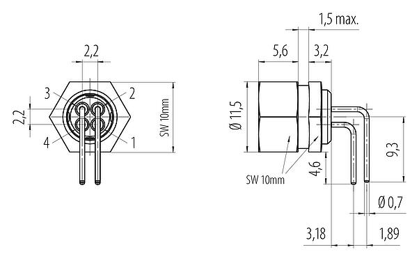 Conexión y dimensiones
M9 Toma de ángulo brida, Número de contactos: 4, sin blindaje, THT, IP40, Montaje frontal