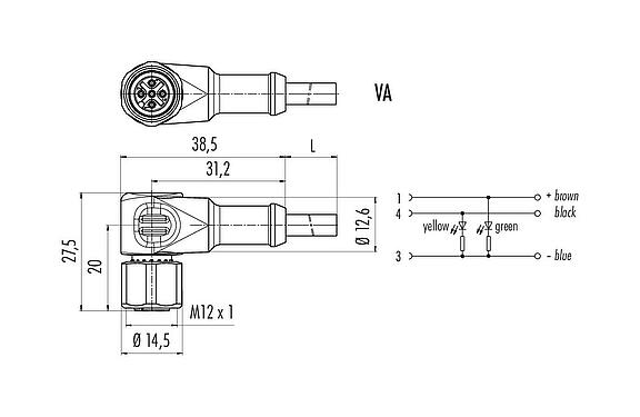 Scale drawing 77 3834 0000 50003-1000 - M12 Female angled connector, Contacts: 3, unshielded, moulded on the cable, IP69K, UL, PUR, black, 3 x 0.34 mm², with LED PNP closer, stainless steel, 10 m
