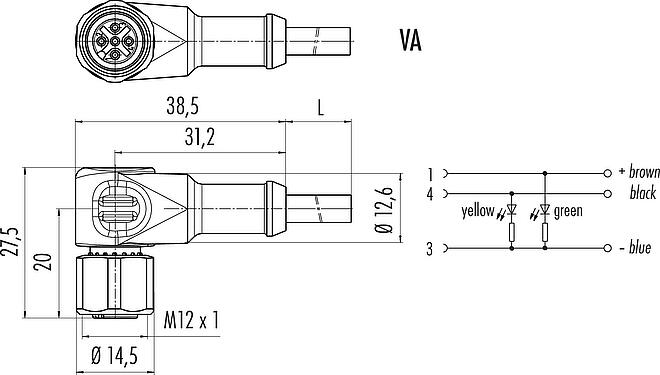 Scale drawing M12 Female angled connector, Contacts: 3, unshielded, moulded on the cable, IP68/IP69K, UL 2238, PUR, black, 3 x 0.34 mm², with LED PNP closer, stainless steel, 5 m