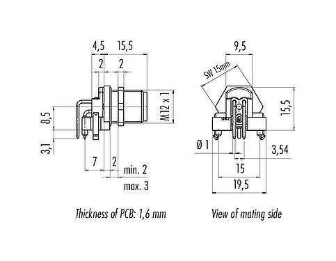 Dibujo a escala M12 Enchufe de ángulo brida, Número de contactos: 5, sin blindaje, THR, IP67, UL 2238, Montaje en pared, diseño de dos partes