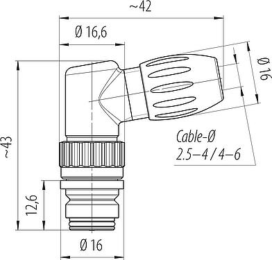 Scale drawing Snap-In Female angled connector, Contacts: 3, 2.5-4.0 mm, unshielded, solder, IP67