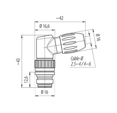Dibujo a escala Snap-In Conector hembra en ángulo, Número de contactos: 8, 2,5-4,0 mm, sin blindaje, soldadura, IP67
