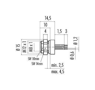 Scale drawing 86 6518 1100 00006 - M8 Female panel mount connector, Contacts: 6, unshielded, THT, IP67, UL, M12x1.0, Rear Mounting