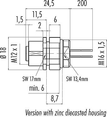 Scale drawing M12 Female panel mount connector, Contacts: 8, unshielded, single wires, IP68/IP69K, UL 2238, M16x1.5, Front mounting, Positionable coding alignment