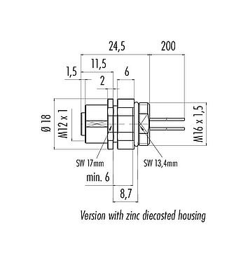Dessin coté M12 Embase femelle, Contacts: 5, non blindé, fils, IP68, UL 2238, M16x1,5, Montage frontal