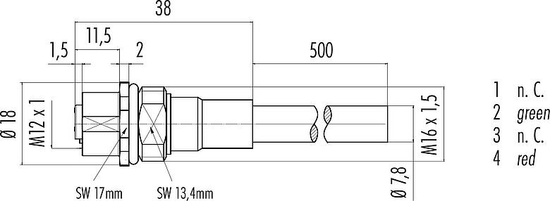 Dessin coté M12 Embase femelle, Contacts: 2, blindé, assemblés avec câble, IP68, M16x1,5, Profibus, PUR, violet, 1 x 2 x 0,25 mm², Montage frontal, 0,5 m