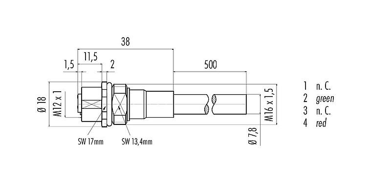 Scale drawing M12 Female panel mount connector, Contacts: 2, shielded, with cable assembled, IP68, M16x1.5, Profibus, PUR, violet, 1 x 2 x 0.25 mm², Front mounting, 0.5 m