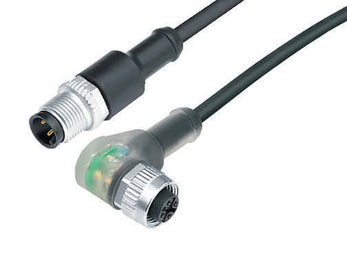 Illustration 77 3634 3429 50003-0100 - M12/M12 Connecting cable male cable connector - female angled connector with LED, Contacts: 3, unshielded, moulded on the cable, IP69K, PUR, black, 3 x 0.34 mm², with LED PNP closer, 1 m