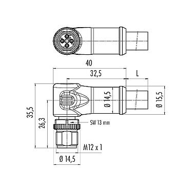 Scale drawing 77 0627 0000 50704-0200 - M12 Male angled connector, Contacts: 4, unshielded, moulded on the cable, IP68, PUR, black, 4 x 1.50 mm², 2 m