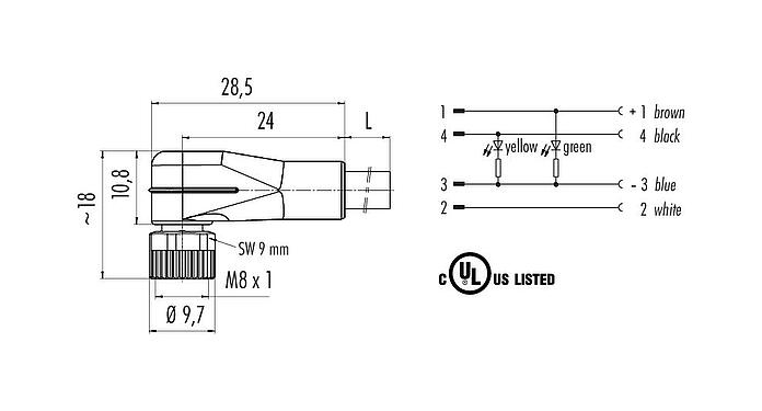 Scale drawing M8 Female angled connector, Contacts: 4, unshielded, moulded on the cable, IP67/IP69K, UL 2238, PVC, grey, 4 x 0.34 mm², with LED PNP closer, 5 m