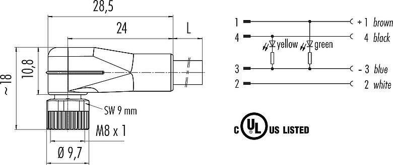 Dibujo a escala M8 Conector hembra en ángulo, Número de contactos: 3, sin blindaje, moldeado en el cable, IP67/IP69K, UL 2238, PVC, gris, 3 x 0,34 mm², con LED PNP, 5 m