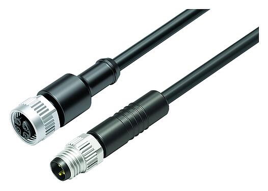 Illustration M12/M8 Male cable connector - female cable connector, Contacts: 3, unshielded, moulded on the cable, IP67/IP69K, UL 2238, PUR, black, 3 x 0.34 mm², 2 m