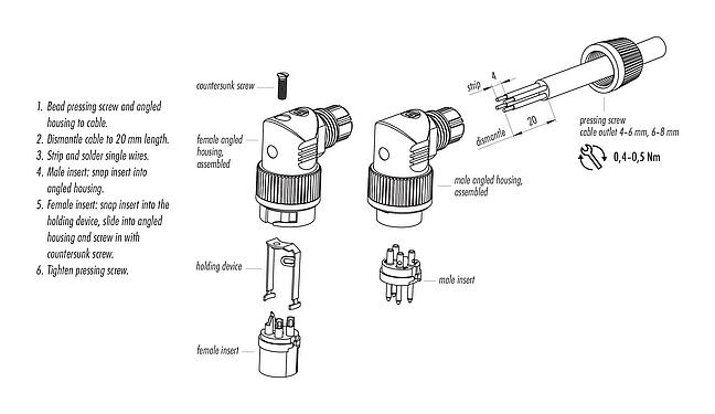 Instrucción de montaje Bayoneta Conector macho en ángulo, Número de contactos: 5, 4,0-6,0 mm, sin blindaje, soldadura, IP40