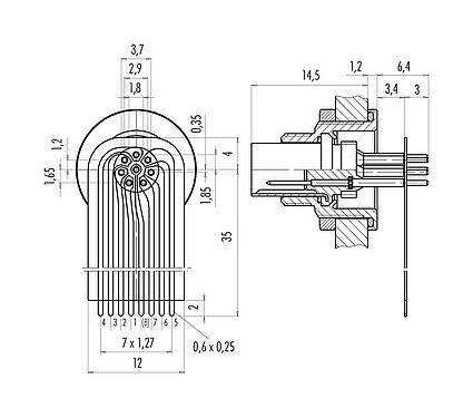 Conexión y dimensiones
M9 Enchufe de brida, Número de contactos: 8, sin blindaje, THT, IP67, M12x0,5, Montaje en pared, moldeado